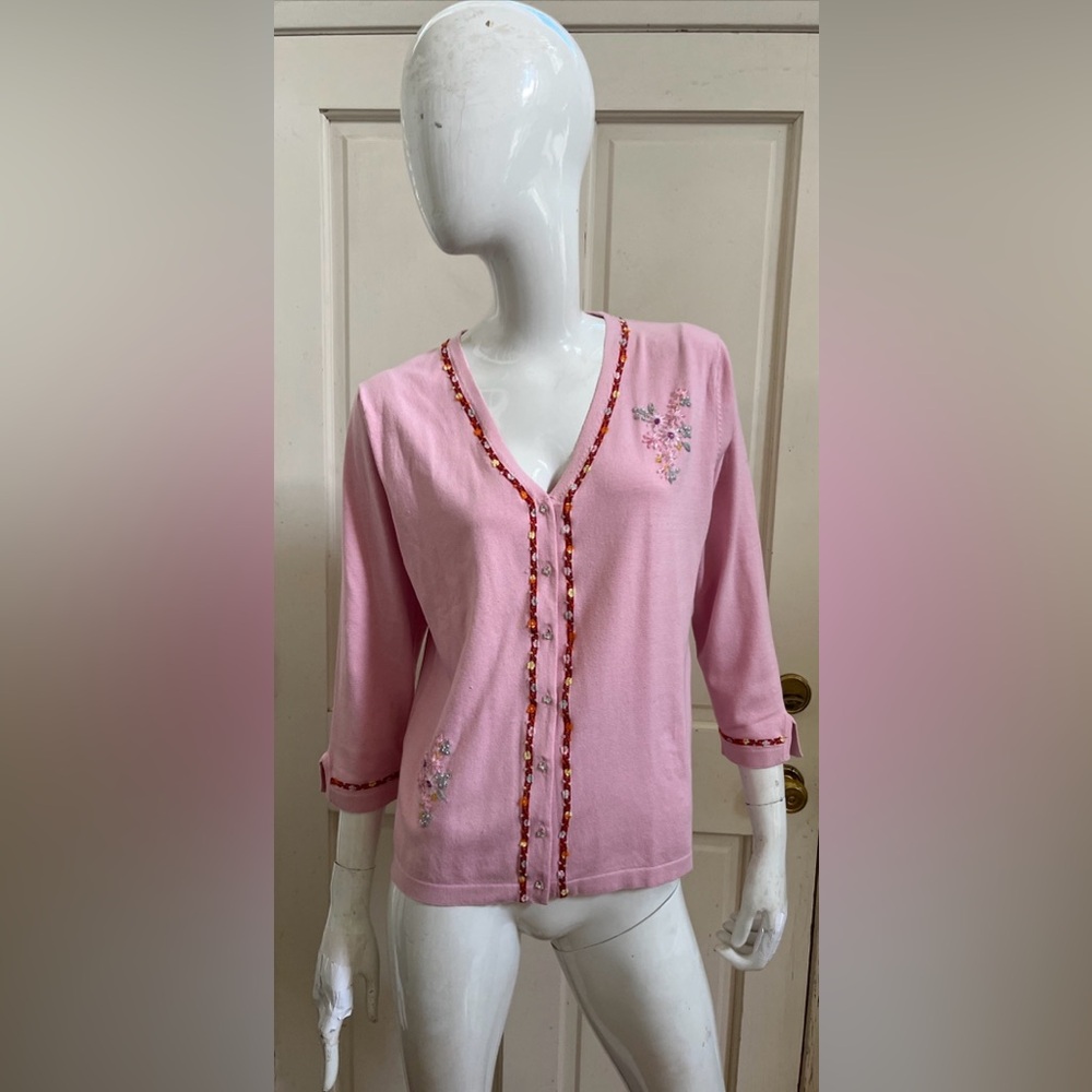 Charlotte Tarantola NEW! Candy Pink Silk Embroidered Beaded Cardigan Sweater M